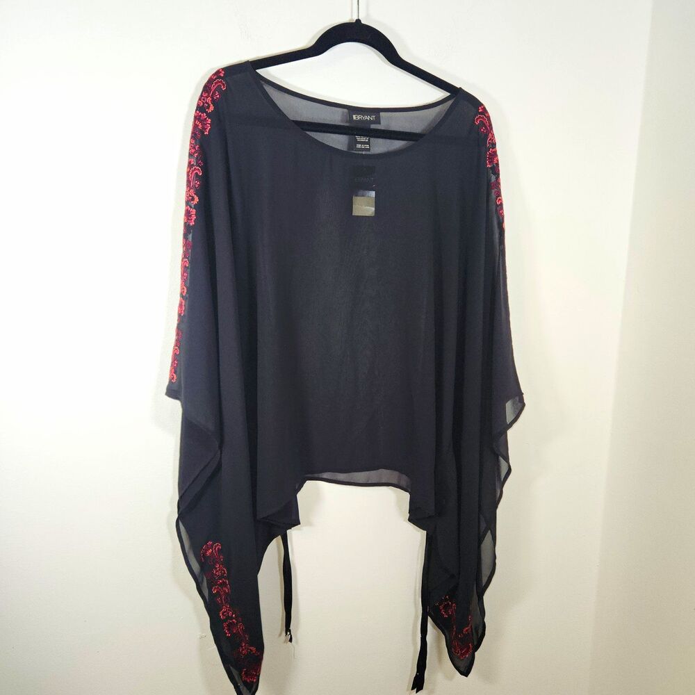 Vtg Lane Bryant Sheer Black Chiffon Poncho Top Red Embroidered Trim 2XL